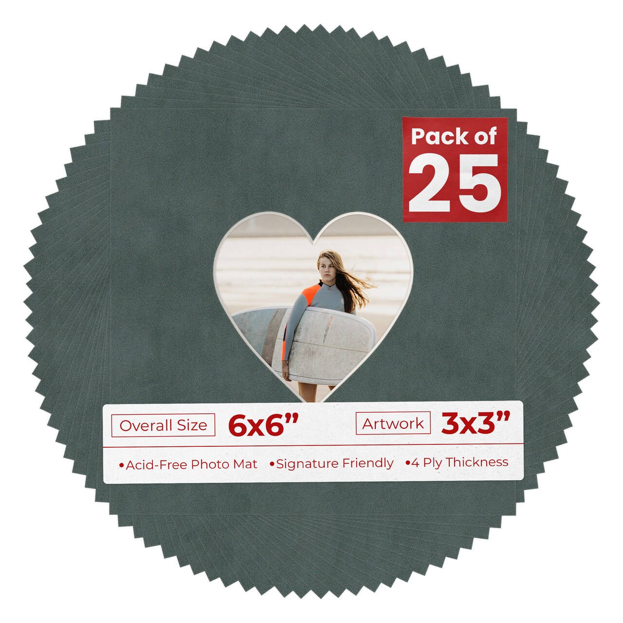 Dark Grey Suede Mat Board for 6x6 Frames - Heart Opening for 3x3 Photos